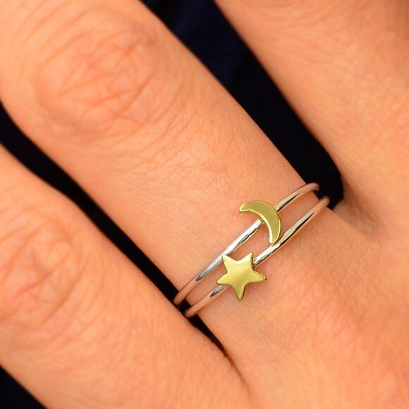 Artisan Sterling Silver Moon and Star Ring Set - Picture 2 of 4